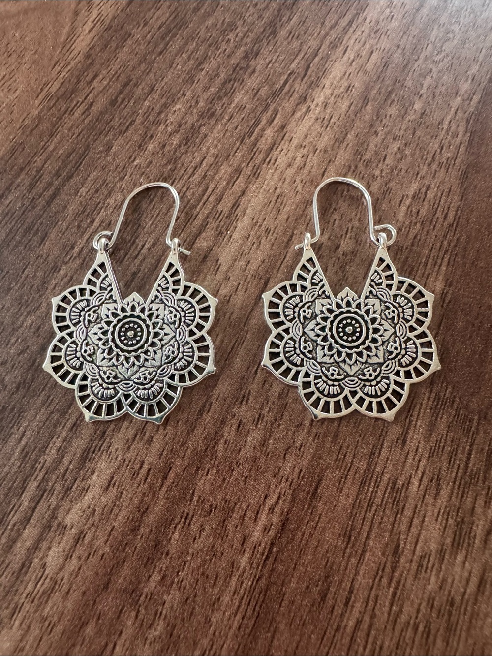 Silver Floral Mandala Drop Earrings - Intricate Statement Design